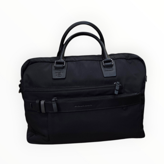 Piquadro black fabric and leather briefcase with double handle and shoulder strap