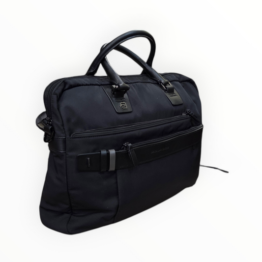 Piquadro black fabric and leather briefcase with double handle and shoulder strap