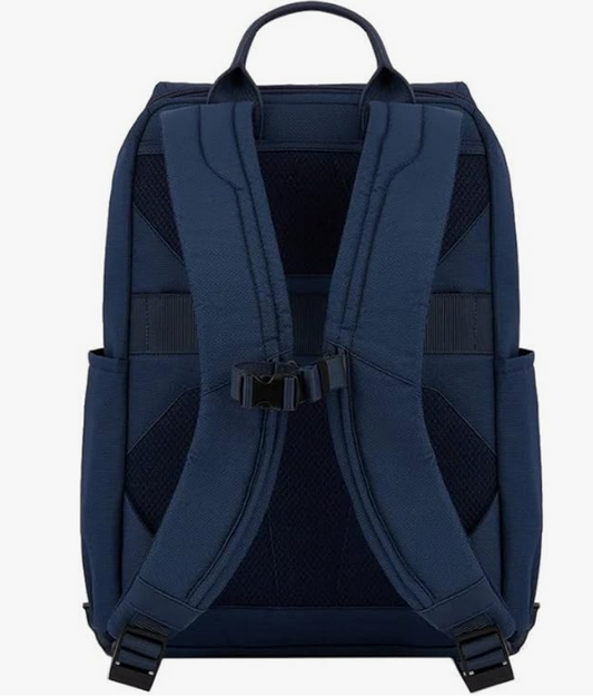 PIQUADRO, zaino per computer e iPad in tessuto riciclato con cinghia pettorale, cavo antifurto, tasca per borraccia e protezione antifrode RFID, blu