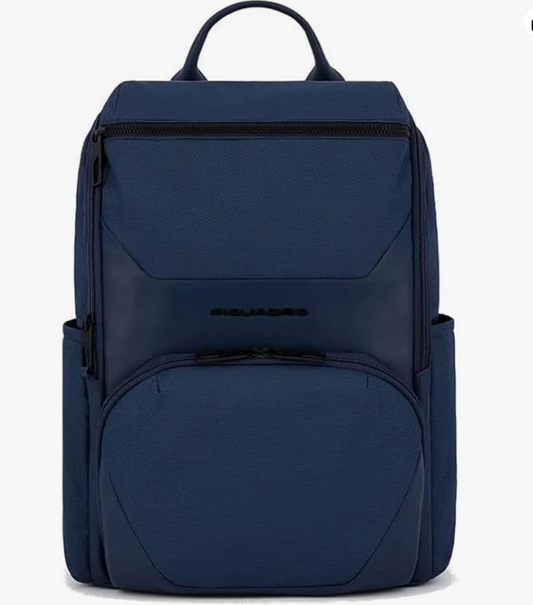 PIQUADRO, zaino per computer e iPad in tessuto riciclato con cinghia pettorale, cavo antifurto, tasca per borraccia e protezione antifrode RFID, blu